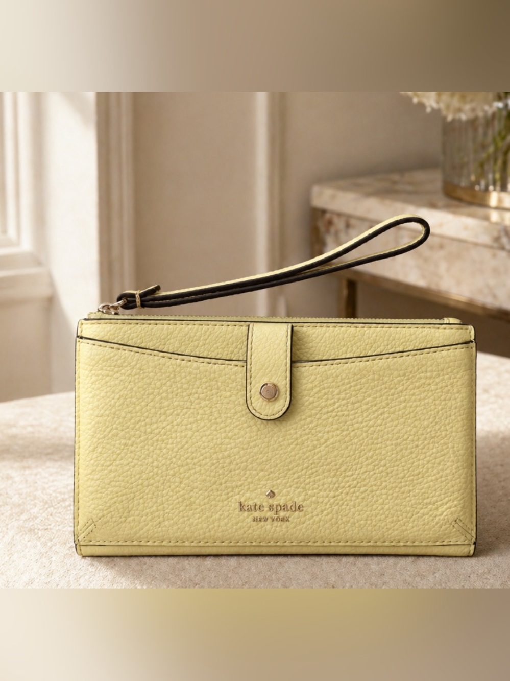 KATE SPADE NEW YORK JACKSON LEATHER WRISTLET BAG YELLOW CHARTREUSE
